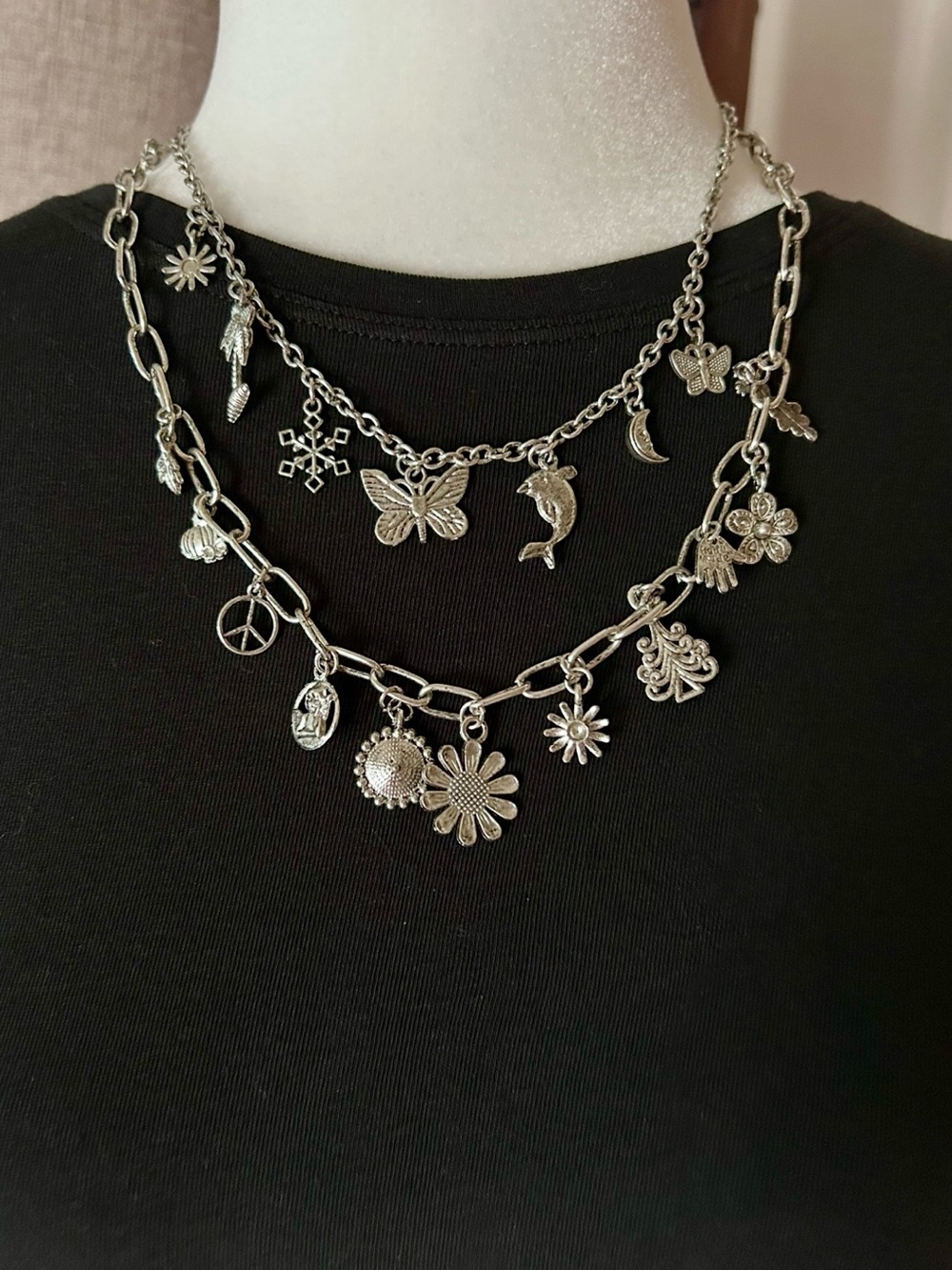 Myra Bag Silver Layered Charm Necklace with Floral & Nature Charms